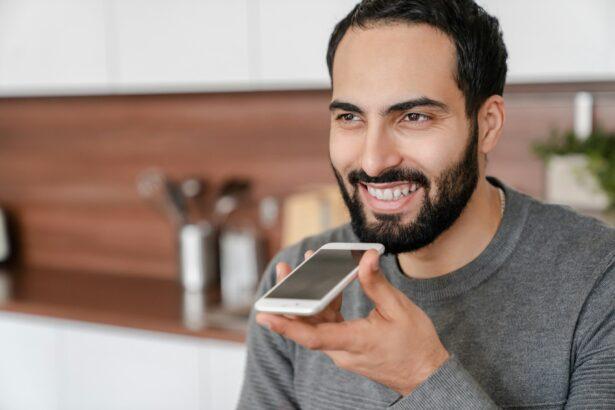 Close up photo of Arabian Middle Eastern businessman freelancer student recording voice