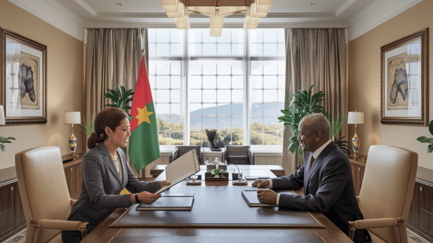 mme mansouri a eu une rencontre officielle avec le président du burkina faso afin de lui transmettre un communiqué important du président de la république, soulignant les relations diplomatiques et les projets de coopération entre les deux pays.