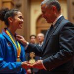le président de la république célèbre kaylia nemour, étoile des jeux olympiques et championne du monde, lors d'une rencontre exceptionnelle mettant à l'honneur son parcours sportif hors du commun.