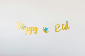 A decorative Eid Mubarak banner with stars, perfect for celebrating the Eid festival.