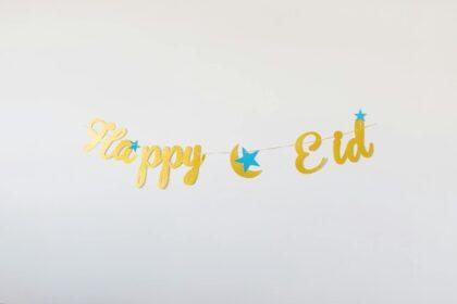 A decorative Eid Mubarak banner with stars, perfect for celebrating the Eid festival.